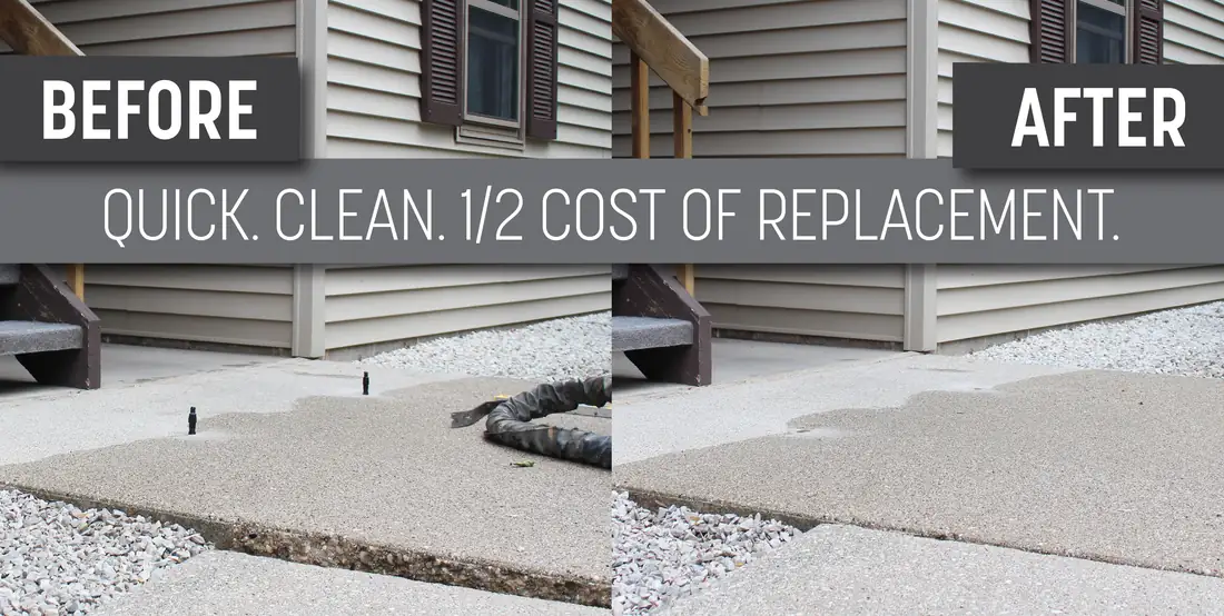 Concrete lifting before and after results service graphic for Berrien County, MI homeowners